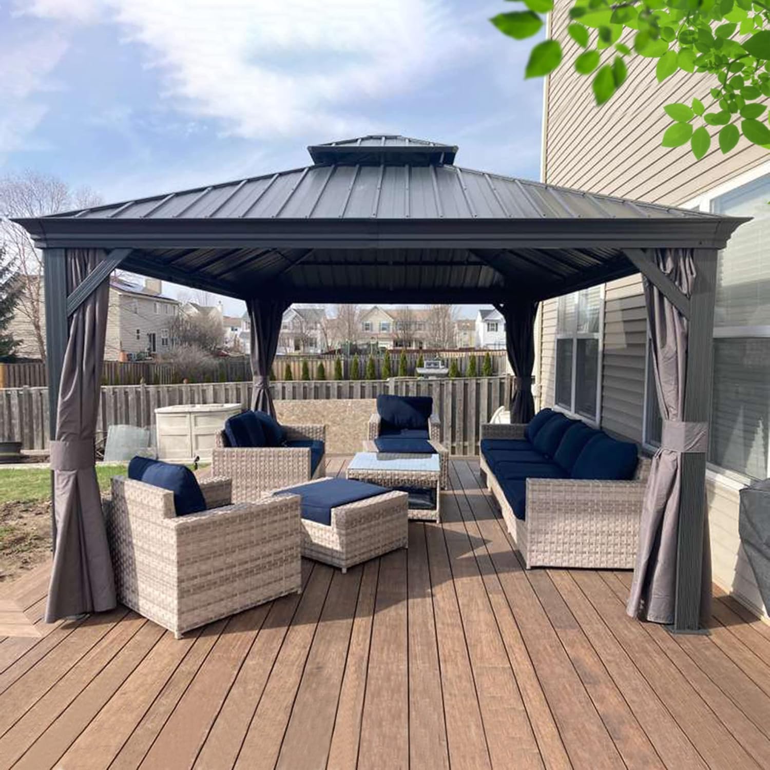 PURPLE LEAF Pavillon 3.65 x 4.85 m Wasserdicht Stabil Winterfest Gartenpavillon Alu Pavillon mit Seitenteile Hardtop mit Stahldach, Grau