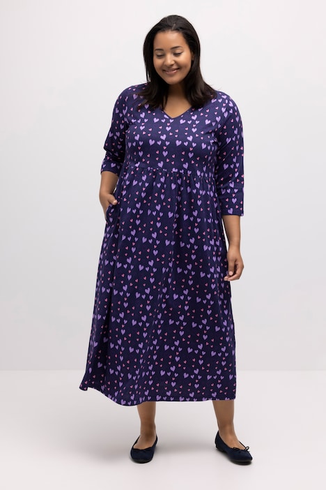 Midikleid, Herz-Muster, V-Ausschnitt, 3/4-Ärmel