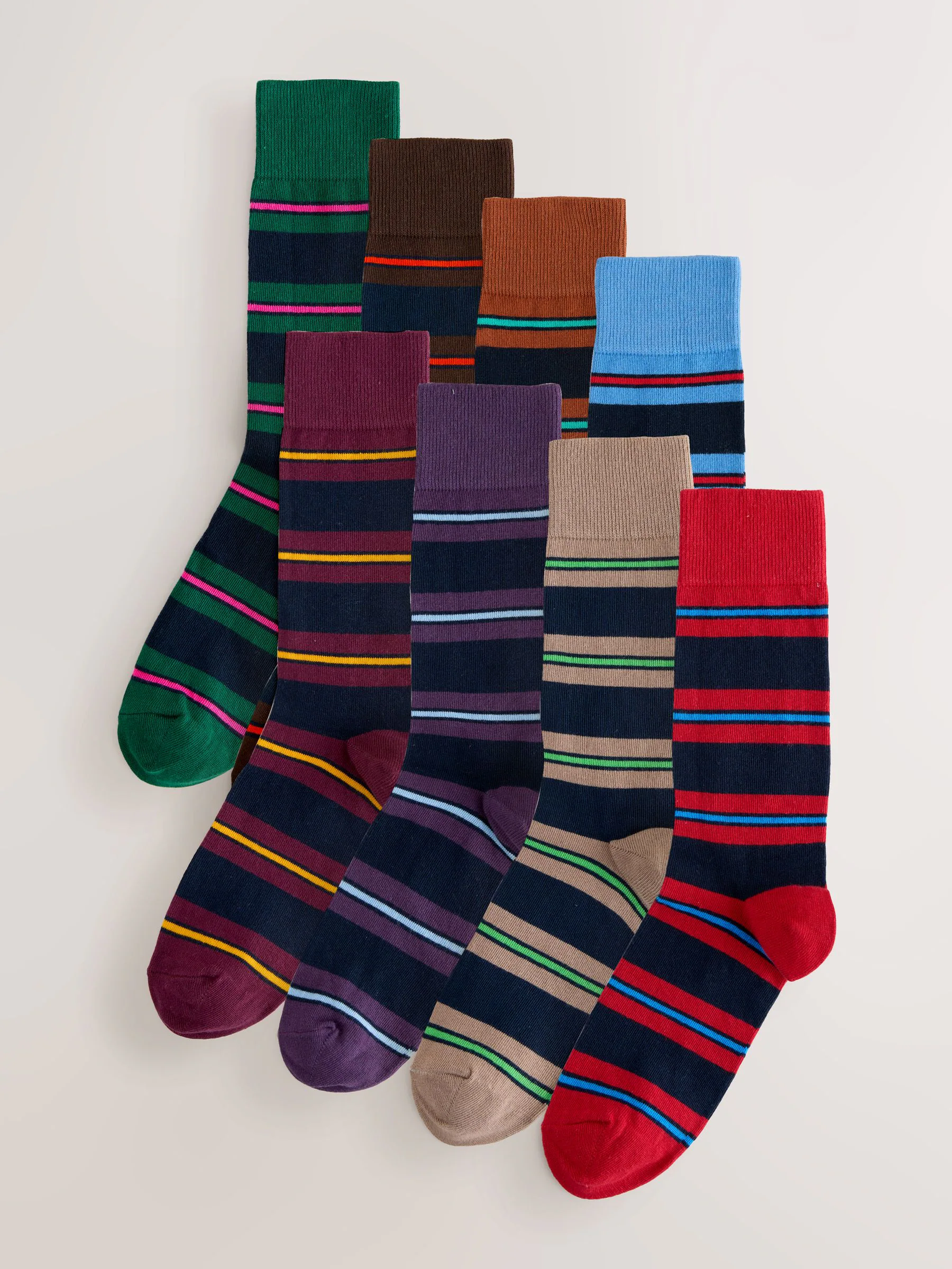 Blauw/rood/bruin gestreept - Set van 8 sokken met patroon