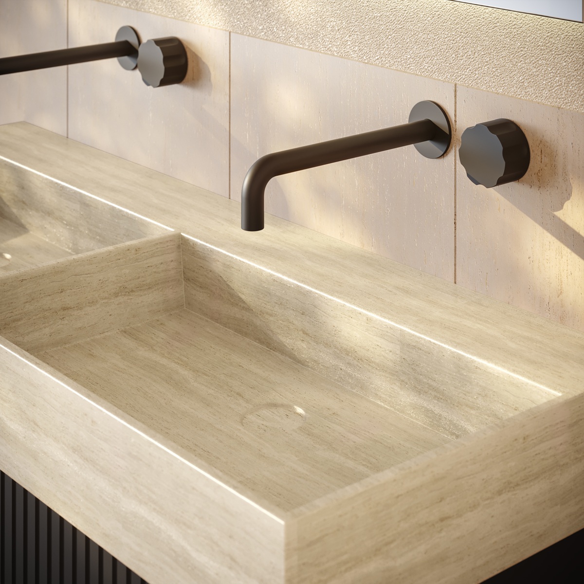 Fontana White Travertin badmeubel 80cm mat zwart met ribbelfront zonder kraangat