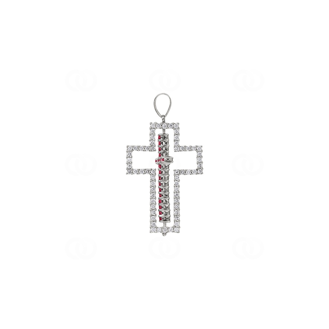 Kreuzanhänger 750/18 K Weissgold mit Rubinen & Diamanten 0.61 ct H/si
