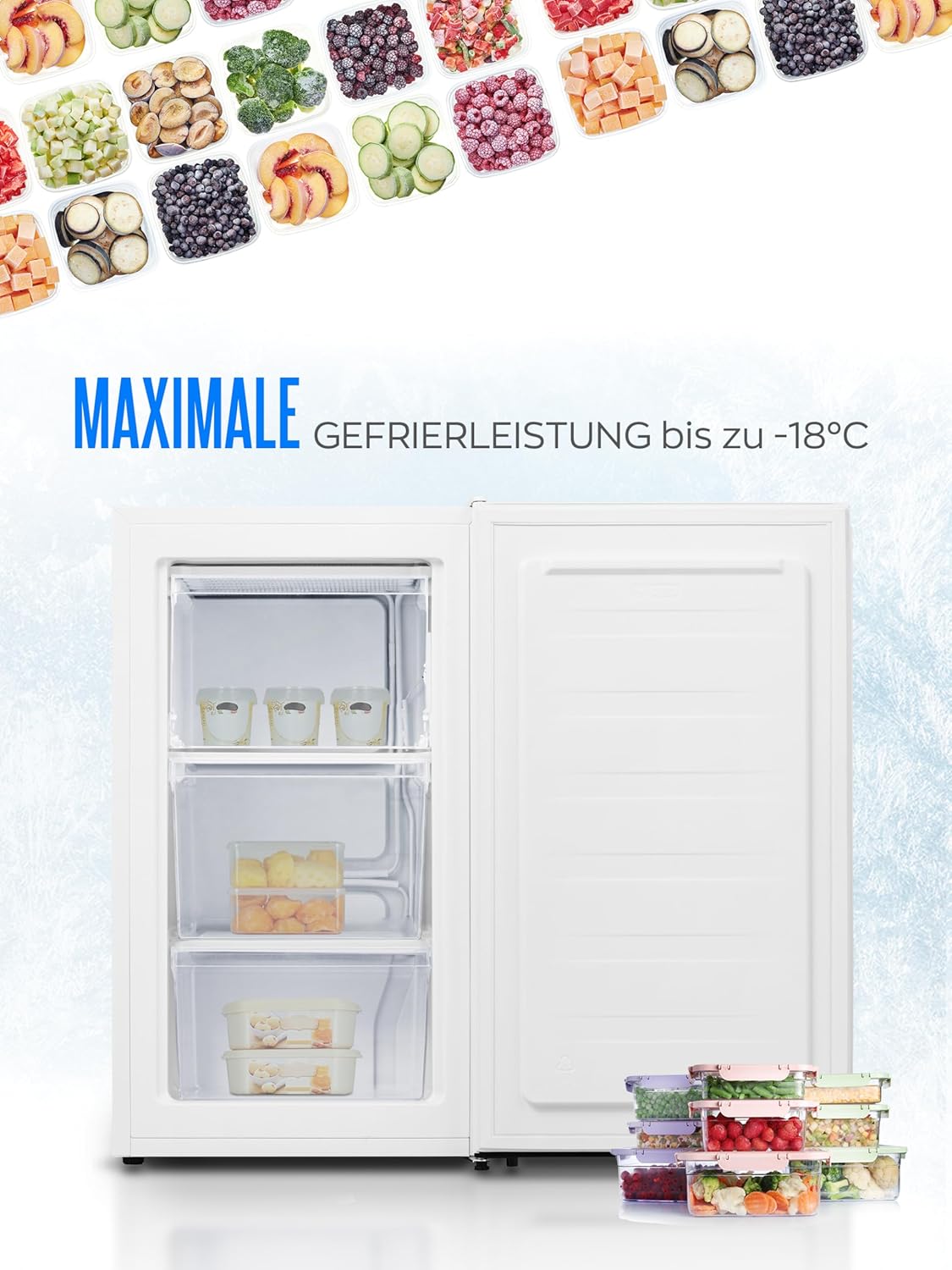 Heinrich´s Gefrierschrank 61Liter, Mini, -18°C Freezer, 3x Gefrierschublade, 7 Stufen Temperaturregler, Airflow, wechselbarer Türanschlag weiß