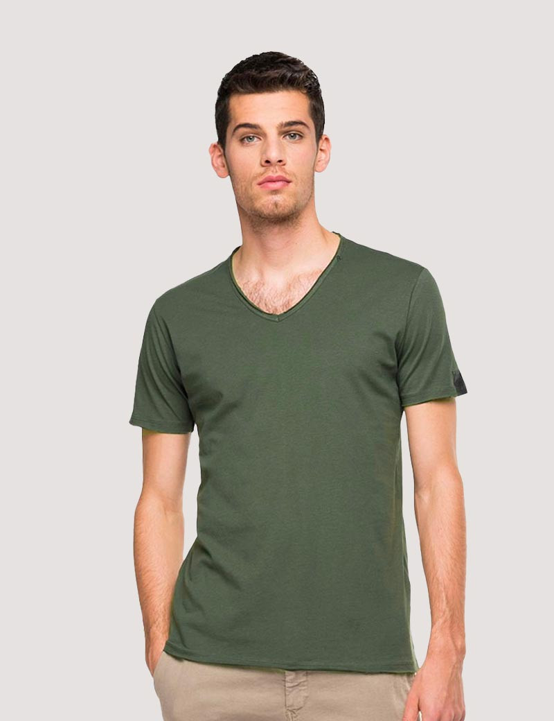 REPLAY T-SHIRT COL V COTON VERT FONCÉ
