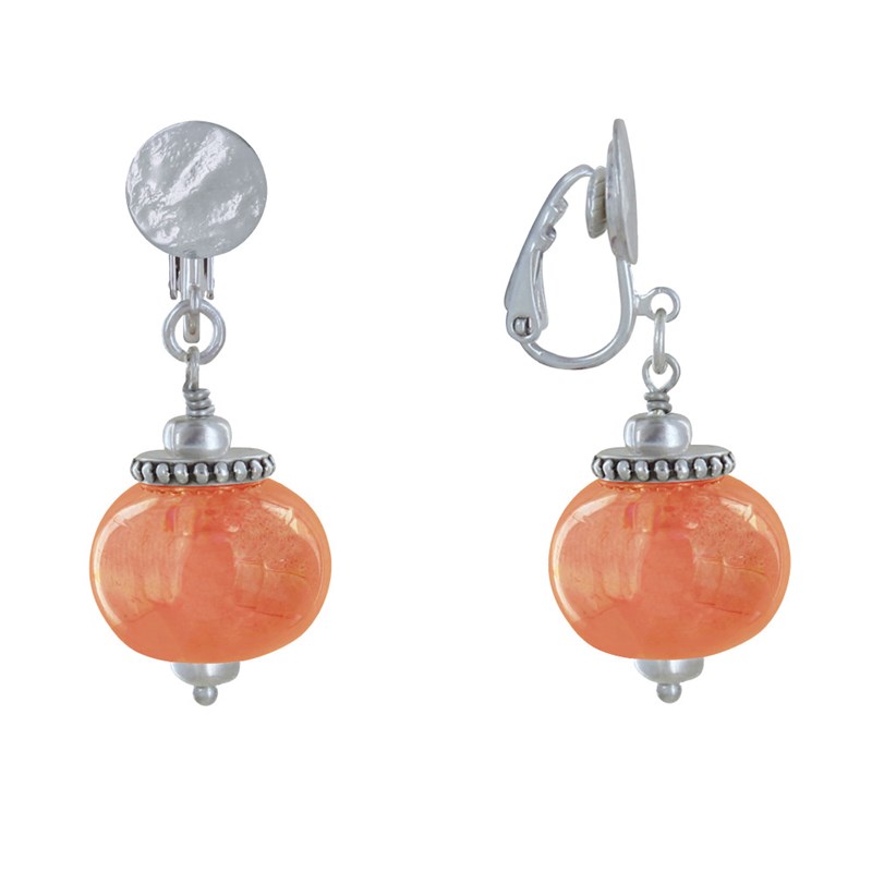 Boucles d'Oreilles Clip Métal Argenté et Grosses Perles en Céramique