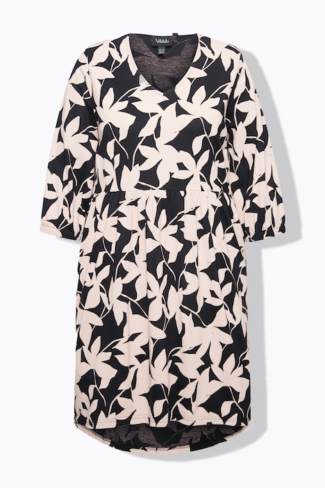 Jerseykleid, Blätter, A-Linie, V-Ausschnitt, 3/4-Arm