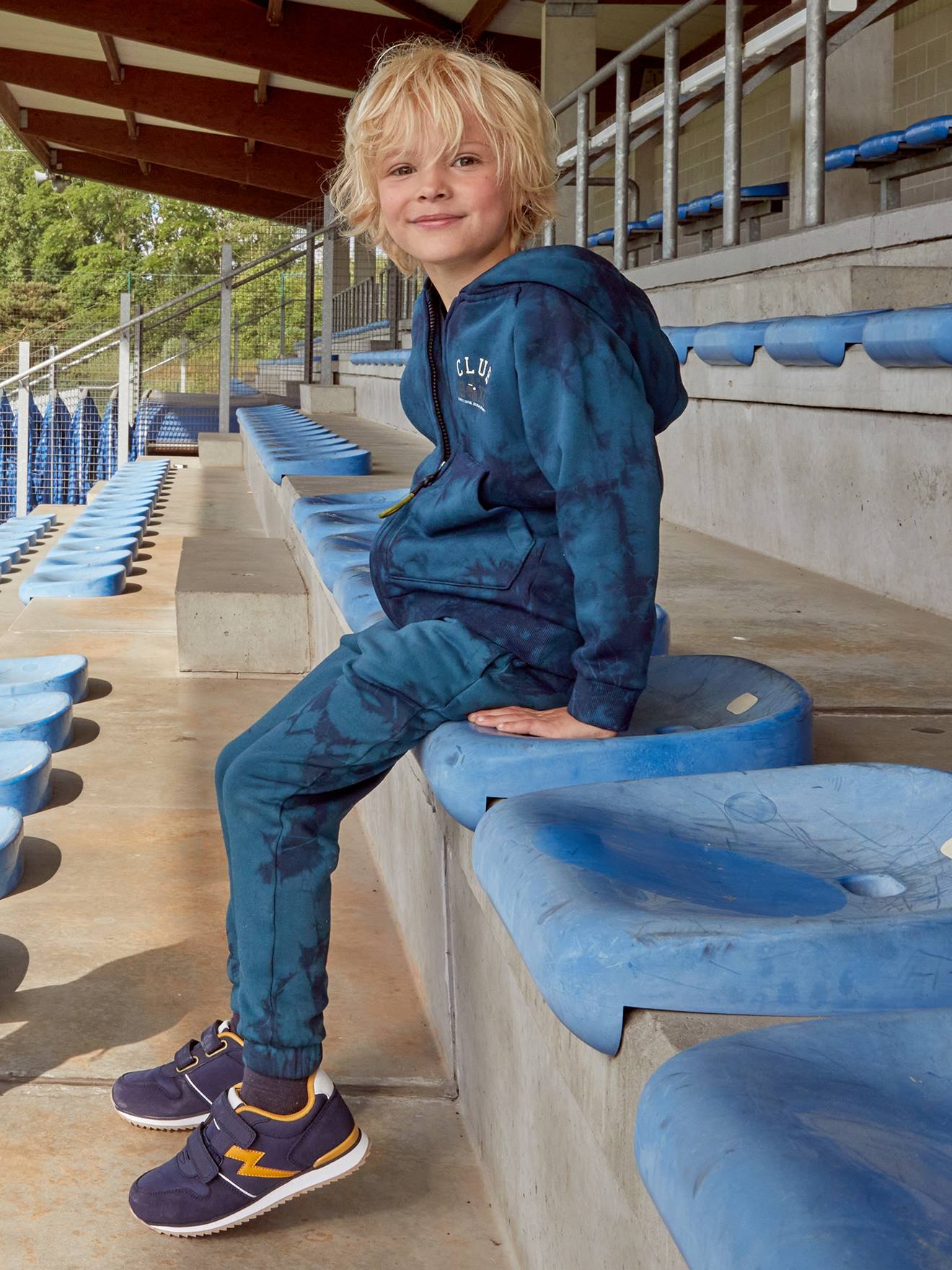 Moletom com zíper tie-dye para menino, lavagem azul escura