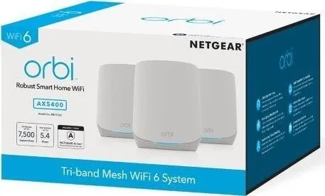 NETGEAR Orbi RBK763S - Wi-Fi-system - (router, 2 extendere) - op til 7500 sq.ft - mesh 1GbE - Wi-Fi 6 - Tri-Band