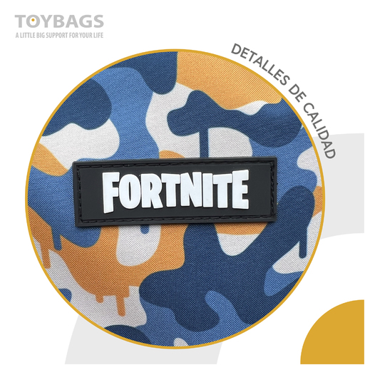 Mochila escolar Fortnite camuflada azul com dois compartimentos + carrinho para brinquedos com 4 rodas giratórias 360°