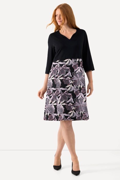 Kleid, Materialmix, Tunika-Ausschnitt, 3/4-Arm