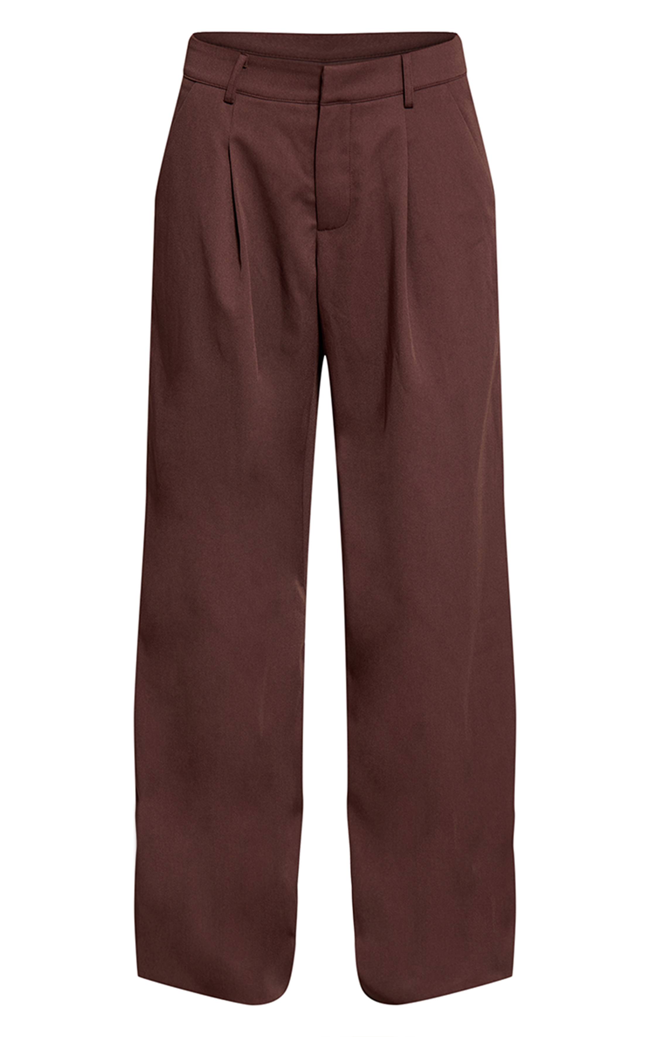 Marron Foncé Pantalon Large Plissé En Tissu Tissé Ajusté