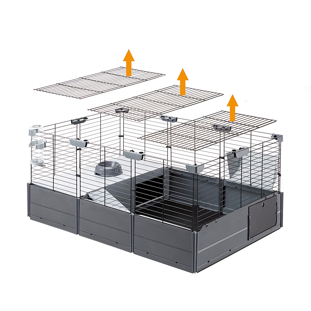 Cage modulable pour lapins et cochons d'inde multipla, en grillage métallique et plastique recyclé, avec accessoires