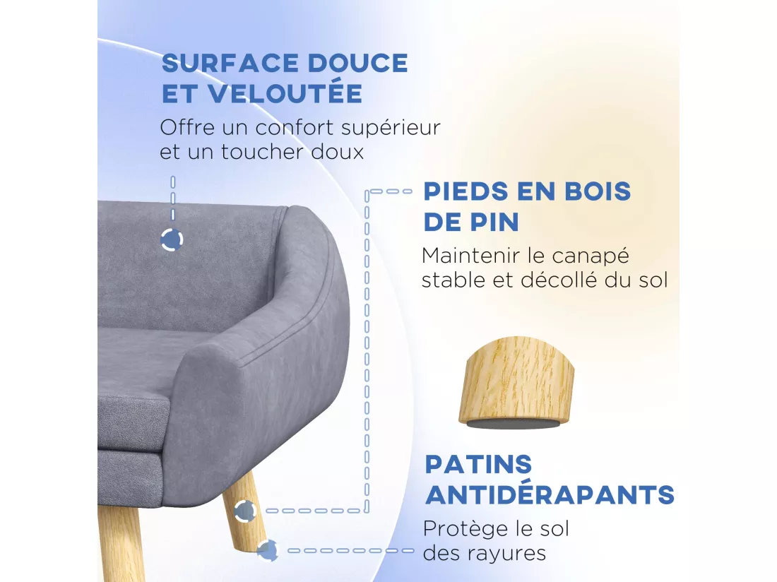 Canapé chien lit pour chien design scandinave - coussin moelleux déhoussable, pieds bois - velours gris
