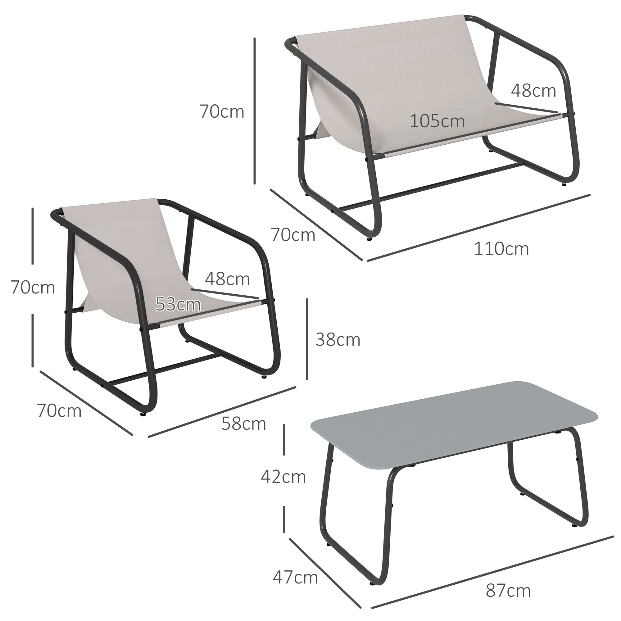 Outsunny Gartenmöbel-Set mit Couchtisch weiß 110L x 70B x 70H cm
