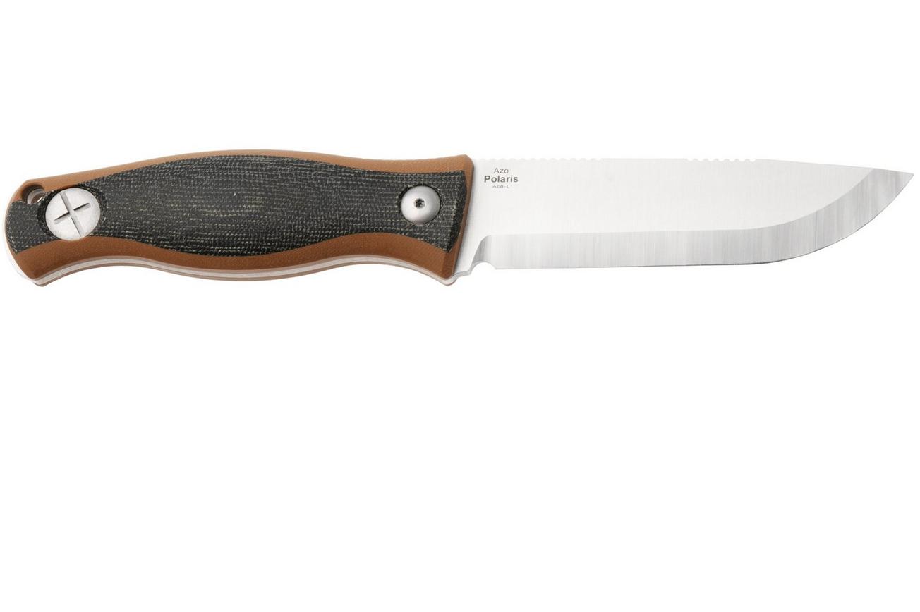 Kizer Polaris 1100A1, Satin AEB-L, Brown G10 / Black Micarta vaststaand mes, Azo design