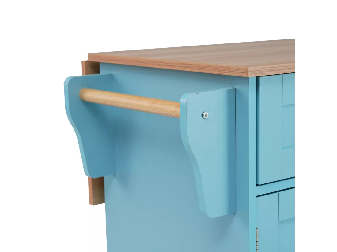 Desserte de cuisine 129x46x91.5cm, chariot de salle à manger, plan de travail pliable, armoire de rangement, bleu