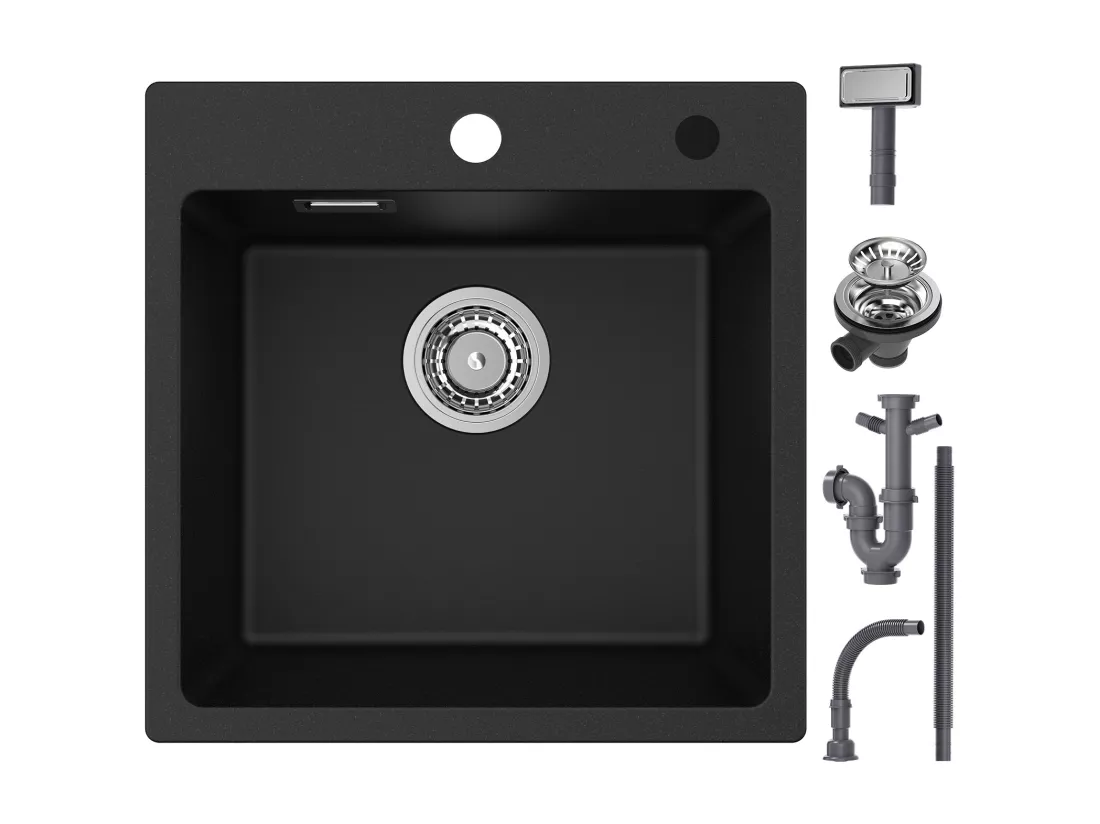 Cecipa max 45x45cm Evier Quartz Noir Evier 1 Bac en Quartz et Résine Evier de Cuisine + Robinet avec Douchette Mitigeur d'évier Extractible Brossé