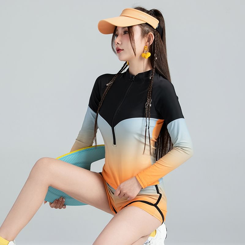 Komorkowe - Set: Rashguard met lange mouwen, mockneck, kleurblok en halve rits + tankinitop + zwemshorts