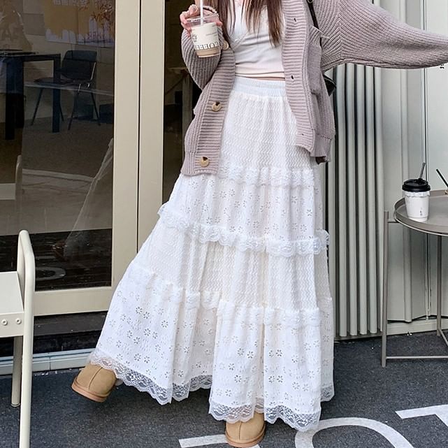 Kilopi - Maxi A-lijn rok met hoge taille en effen kant
