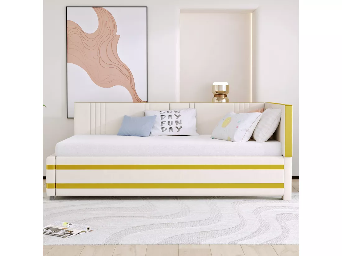 Lit banquette 90x200cm en velours - avec sommier à lattes - Beige (matelas non inclus)