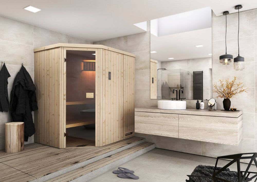 FinnTherm Pearl binnensauna met 2 houten banken, 40 mm dikke wanden, stoomsauna met bevestigingsmateriaal, natuurlijke afwerking, 1,9 x 1,8 m