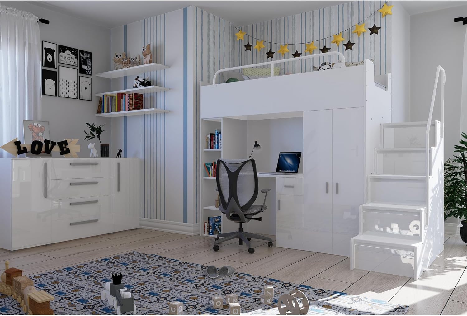 Hochbett JSM-4 90x200 mit Kleiderschrank Schreibtisch und Treppe Hochglanz Kinderbetten Funktionsbett Etagenbett Stockbett Kinderhochbett Jugendhochbett (Weiß Glanz)