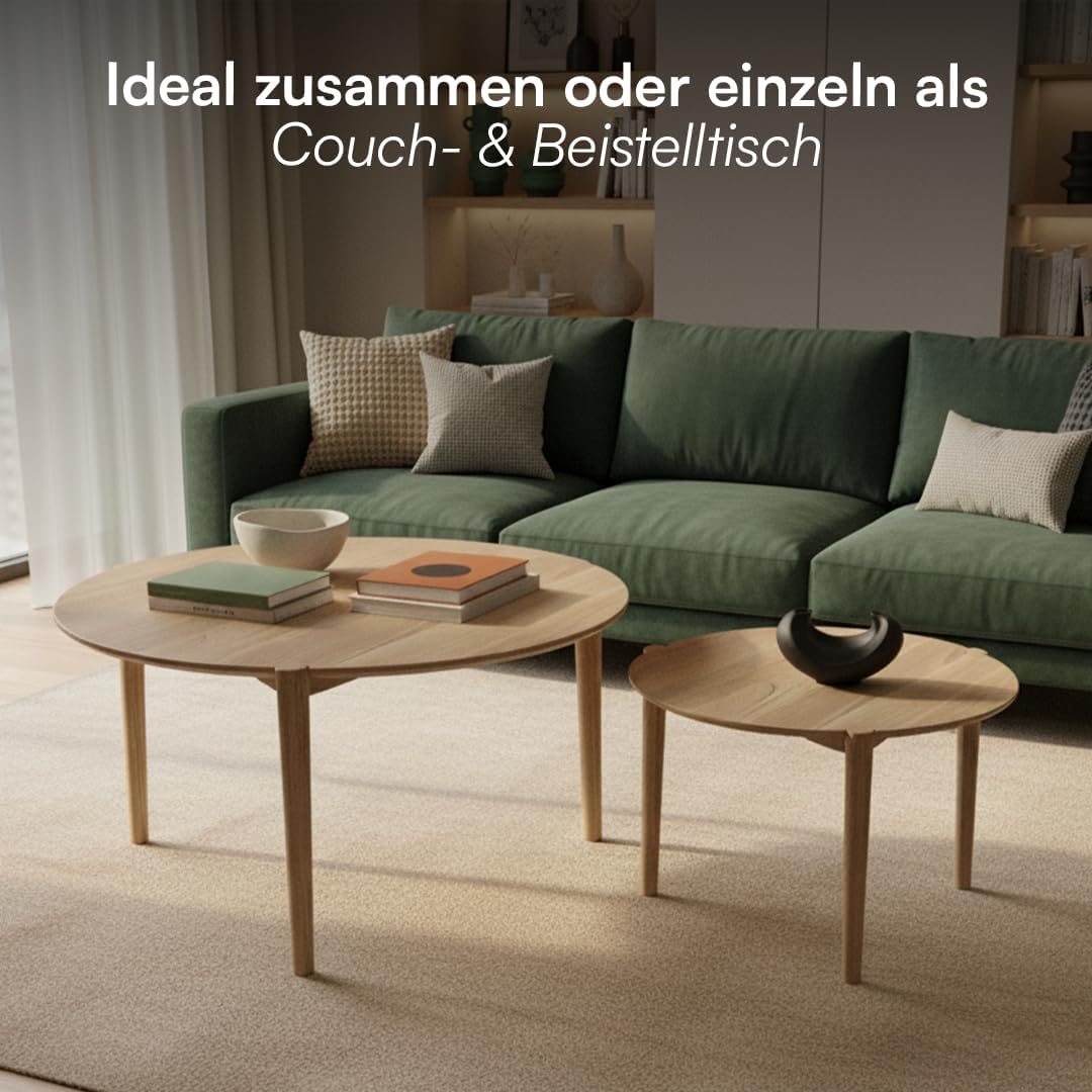 skølm Åsarna Couchtisch 2er Set – Wohnzimmertisch rund Eiche Massivholz – Sofatisch Holz Ø 70 & 55 cm mit 3 Beinen – Kleiner Beistelltisch – Holztisch Wohnzimmer – Coffee Table – Moderner Kaffeetisch