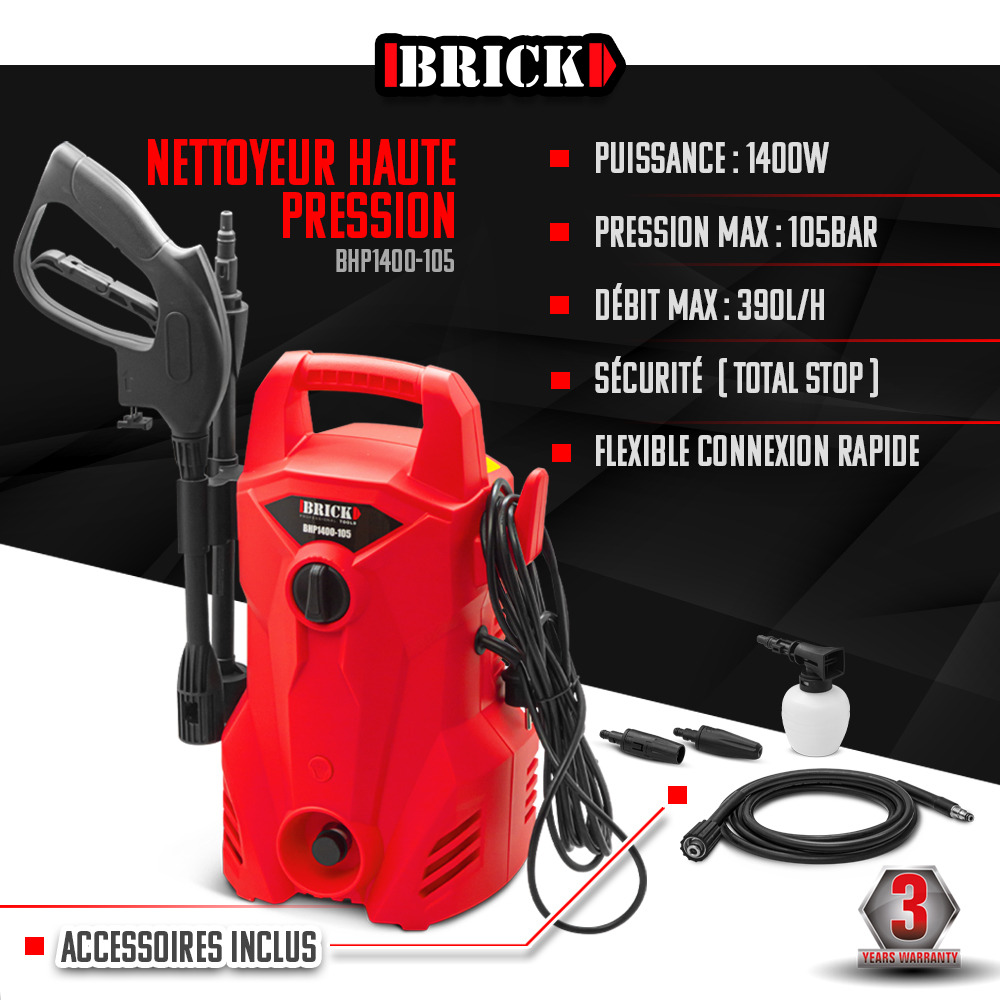 Nettoyeur haute pression 1400w - 105 bars - buse turbo et buse rotative - brick
