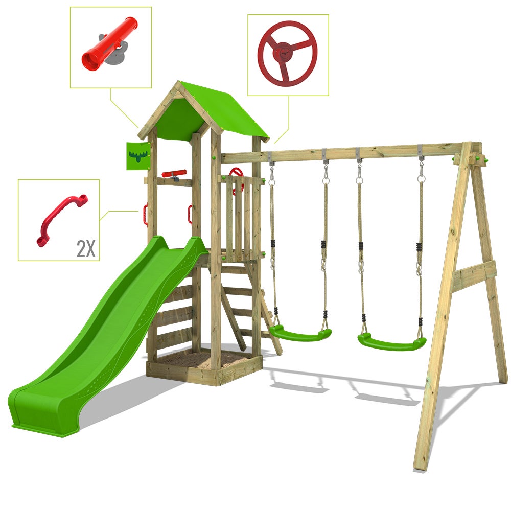 FATMOOSE KiwiKey speeltoren met schommel en groene glijbaan, zandbak, ladder en speelaccessoires