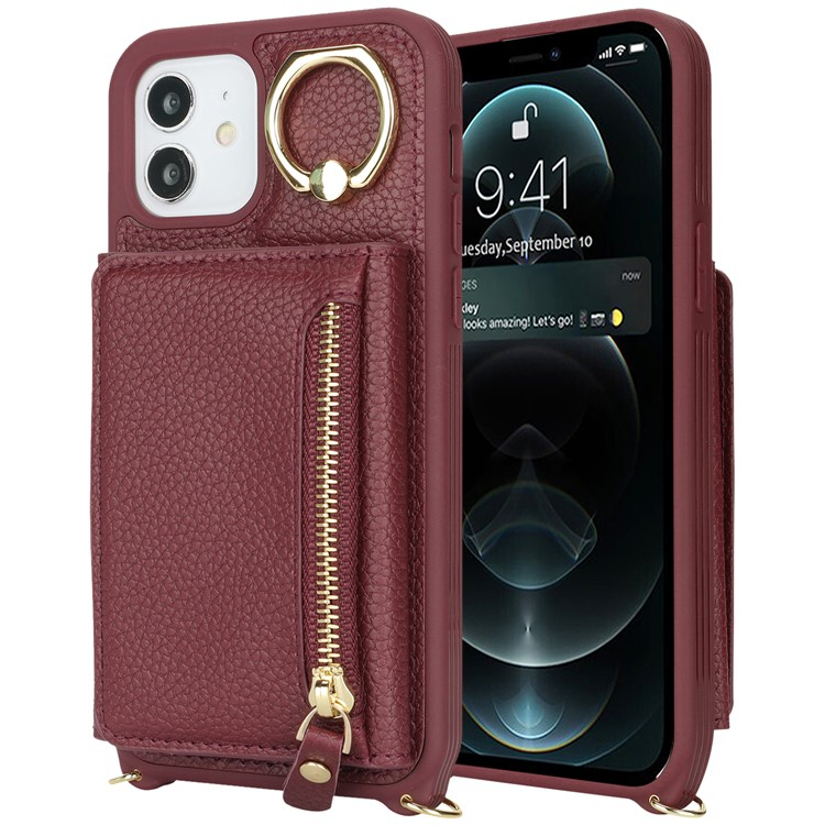 iPhone 12 / iPhone 12 Pro Necklace Leder Hülle mit Münzfach und Kartenfächer   Finger Griff Halterung   Handykette - Weinrot