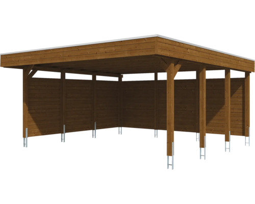 SKAN HOLZ Friesland dubbele carport inclusief zij- en achterwand, 557x555 cm, notenhout