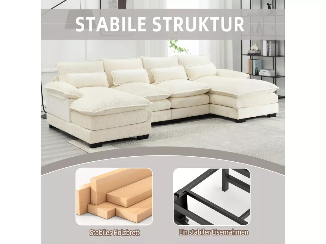 Grand canapé 4 places panoramique, forme de U, avec 4 oreillers lombaires, 261x134x82cm, Beige