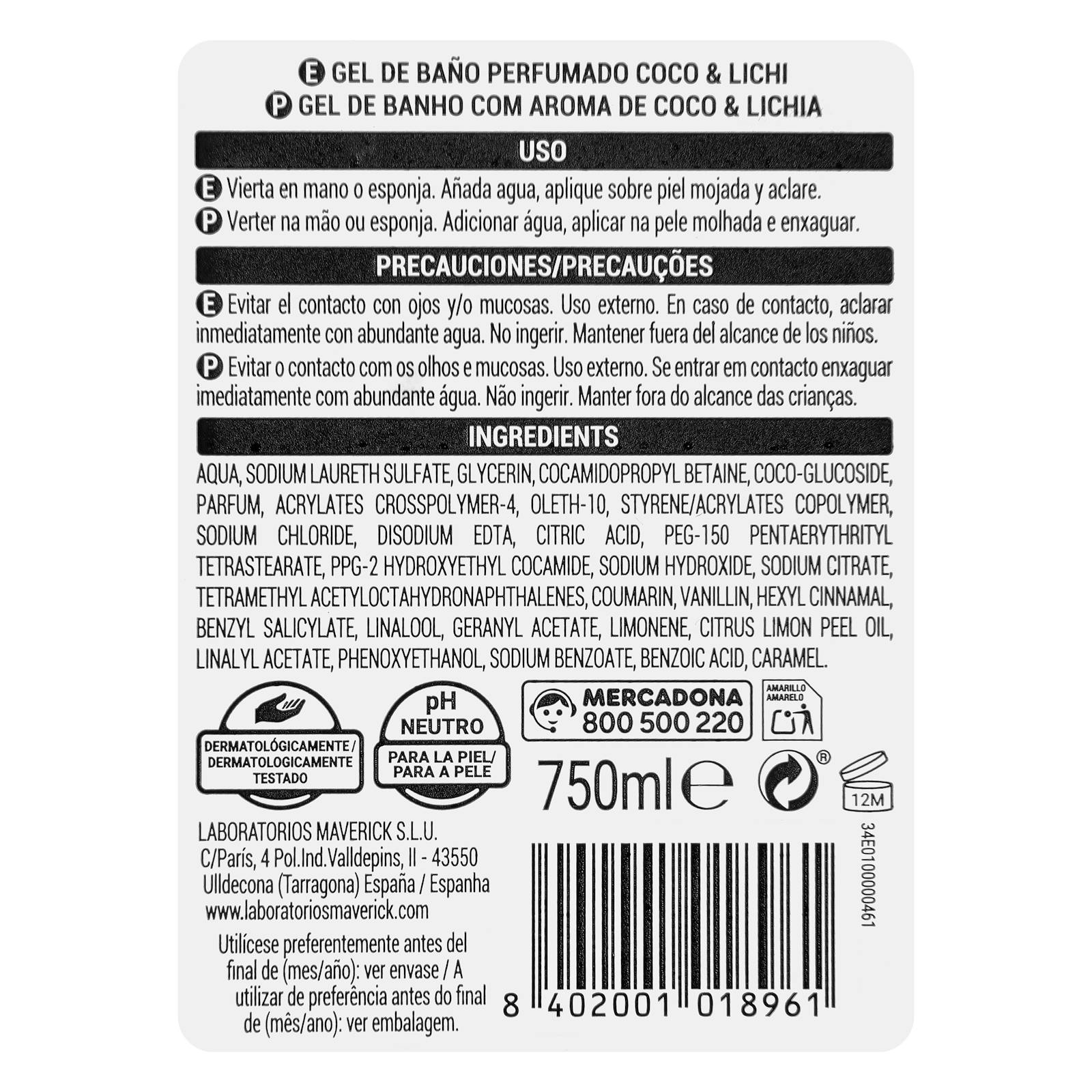 Gel de bain Deliplus à la noix de coco et au litchi pour peaux normales