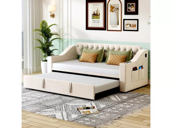 Lit gigogne 90/180x190 accoudoirs plus larges et plus épais avec port de chargement USB avec poches de rangement Velours Beige