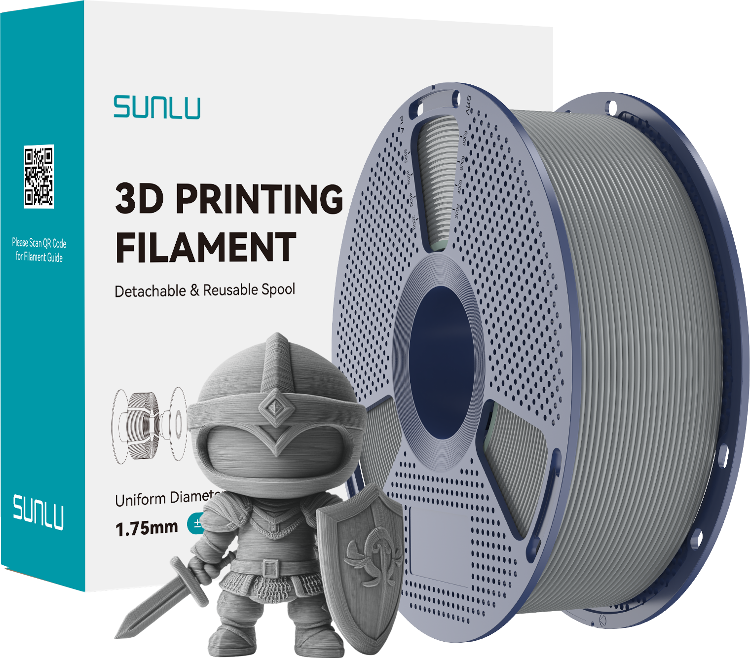SUNLU  PLA+ Grey, 1,75 mm / 1000 g    Modifiziertes PLA Filament mit hoher Zähigkeit