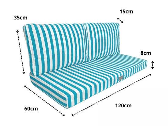 Coussins pour salon de jardin déhoussable 120x60cm - Rayure Turquoise