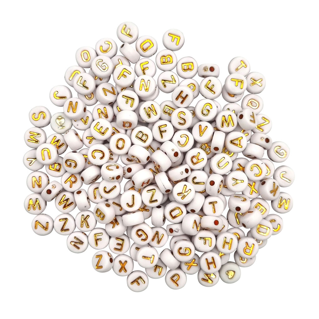 Sachet de perles acrylique rondes lettres blanches et dorées