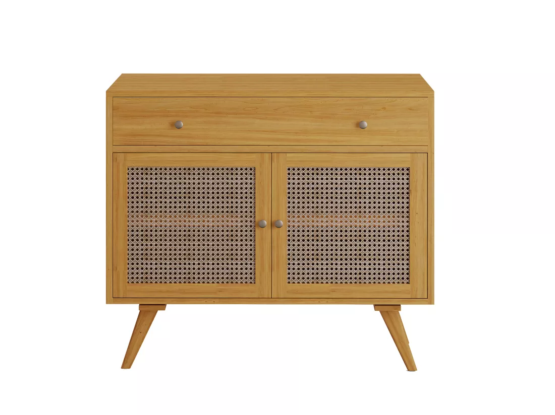 Meuble sous vasque en teck clair et cannage - 90 cm - MANSULAN
