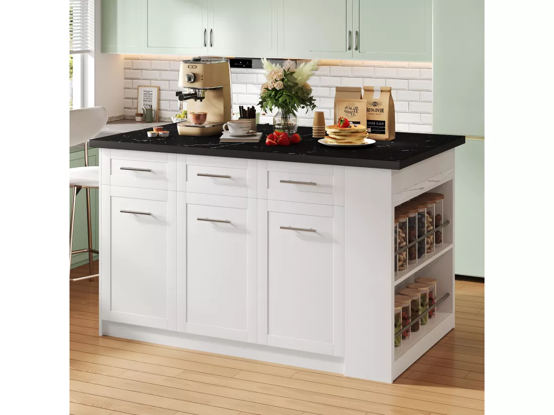 Ilot central de cuisine avec 3 portes, 6 tiroirs et compartiments - plateau extensible - 150/246 x 90 x 90 cm - Bois MDF - Blanc + noir