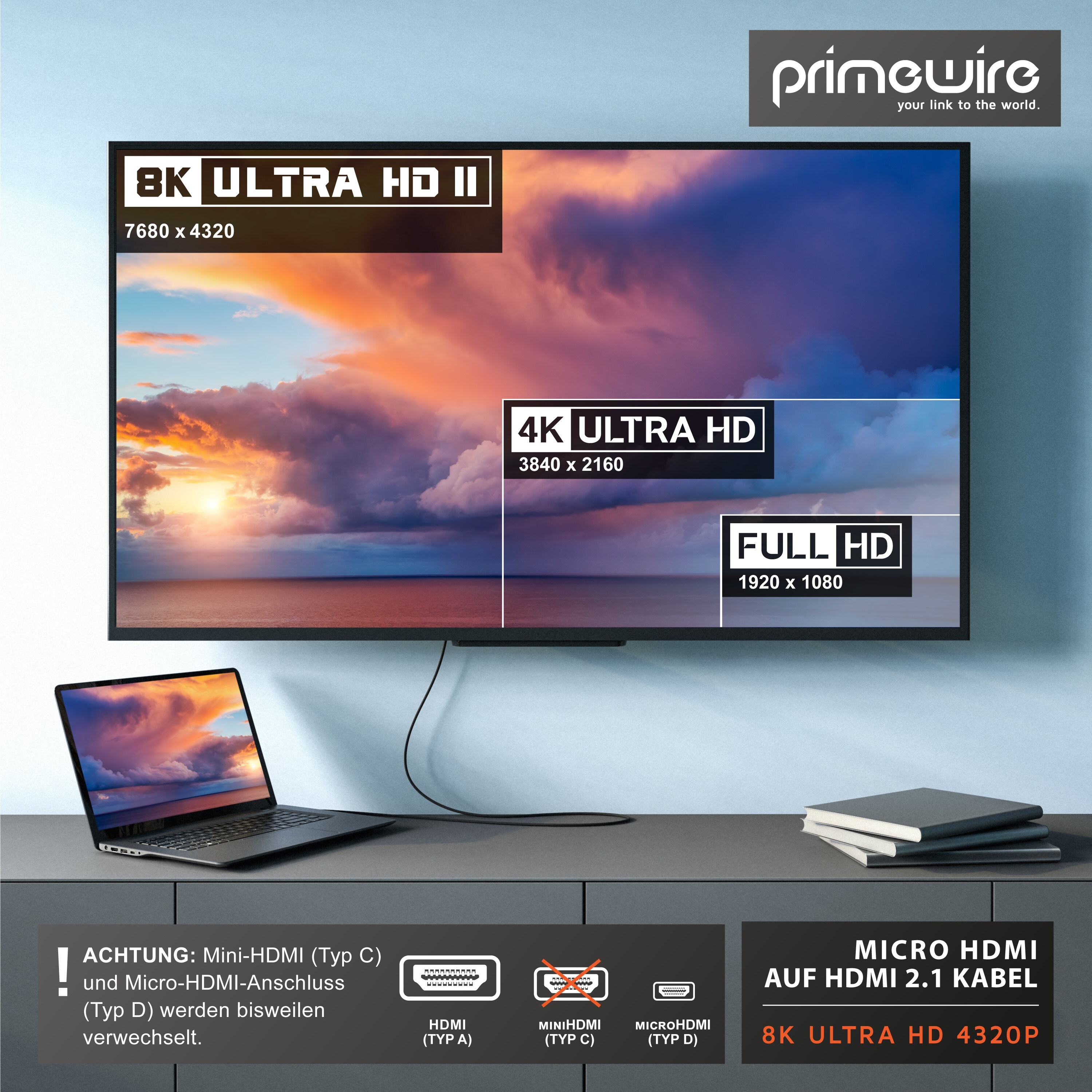 Primewire 8K HDMI 2.1 auf Micro HDMI Adapterkabel, 7680 x 4320 @ 120 Hz mit DSC - 1m