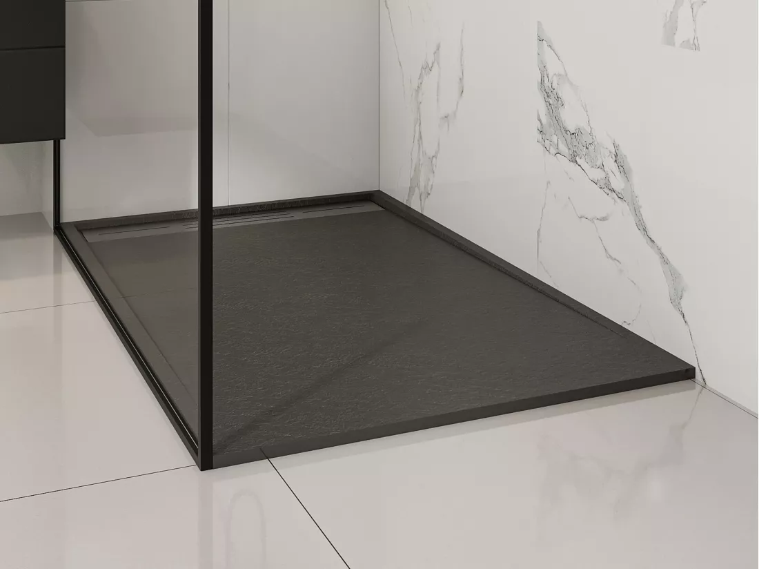 Receveur extra-plat à poser ou à encastrer découpable en résine SMC avec siphon - Noir - 140 x 90 cm - LYROSA