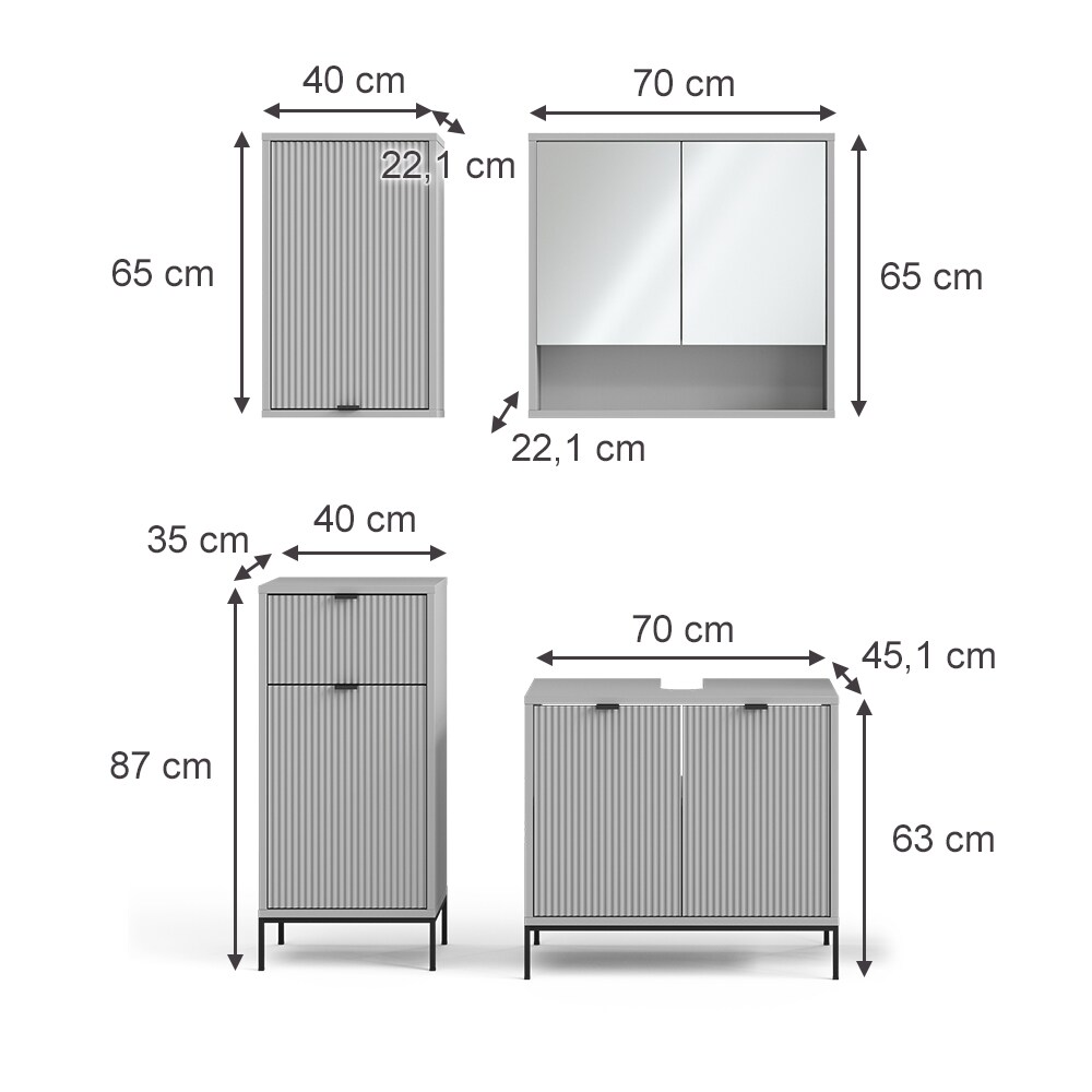 Vicco Badmöbel-Set Eliza, Grau, Badezimmer, moderne Badserie, extravagante Fronten, Waschtischunterschrank, Spiegelschrank, Midischrank, Hängeschrank