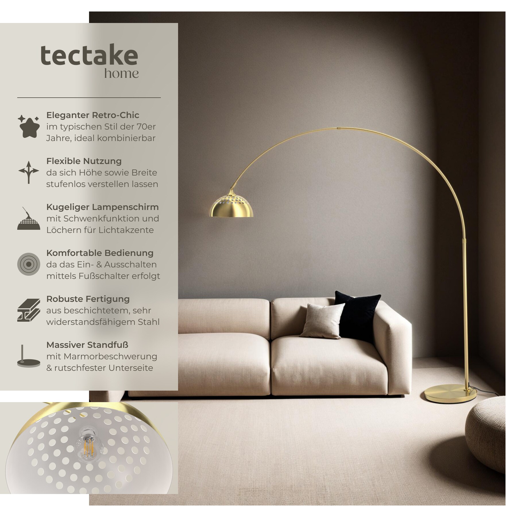 tectake® Bogenleuchte, 70er Jahre Retro-Stil, Teleskopbogen mit schwenkbarem Lampenschirm, Fußschalter, höhenverstellbar 187 - 206 cm