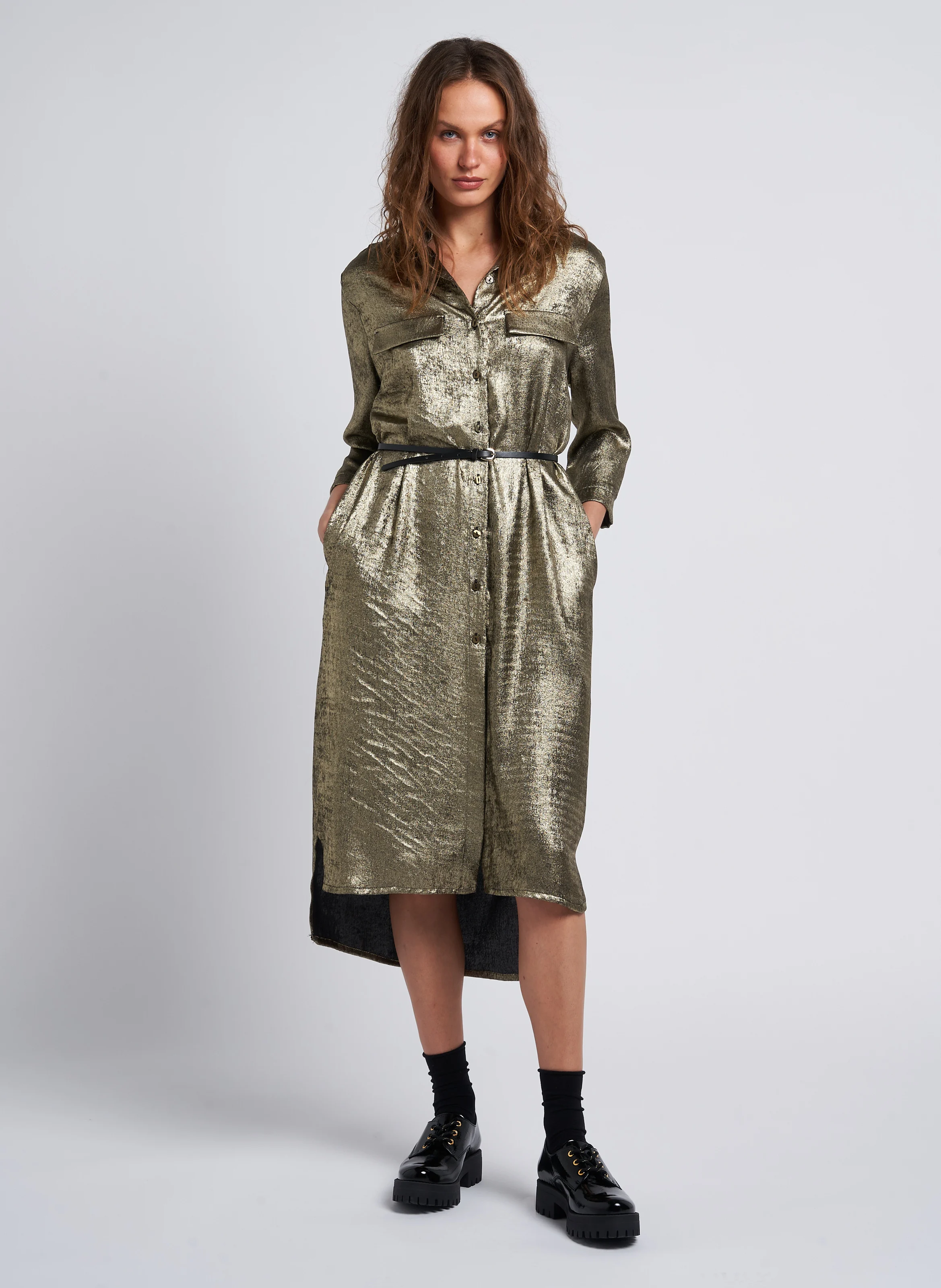 Robe midi col classique aspect métallisé | Vert