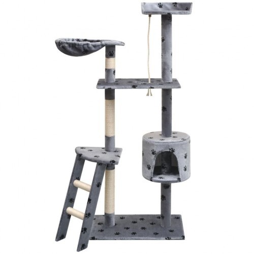 Arranhador para gatos, cinza, com pegadas de patas.