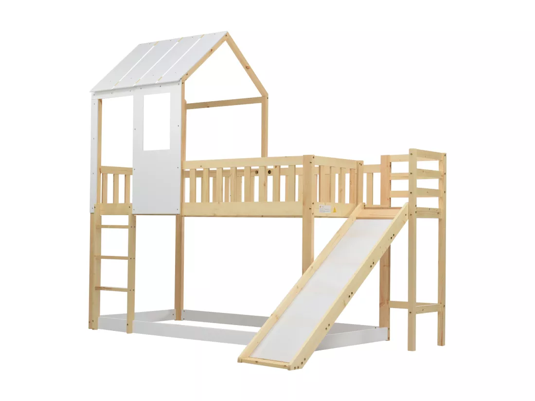 Lits Superposés Enfant Avec Échelle et Toboggan - Protection Antichute - En Pin - Naturel Blanc - 90 X 200 cm