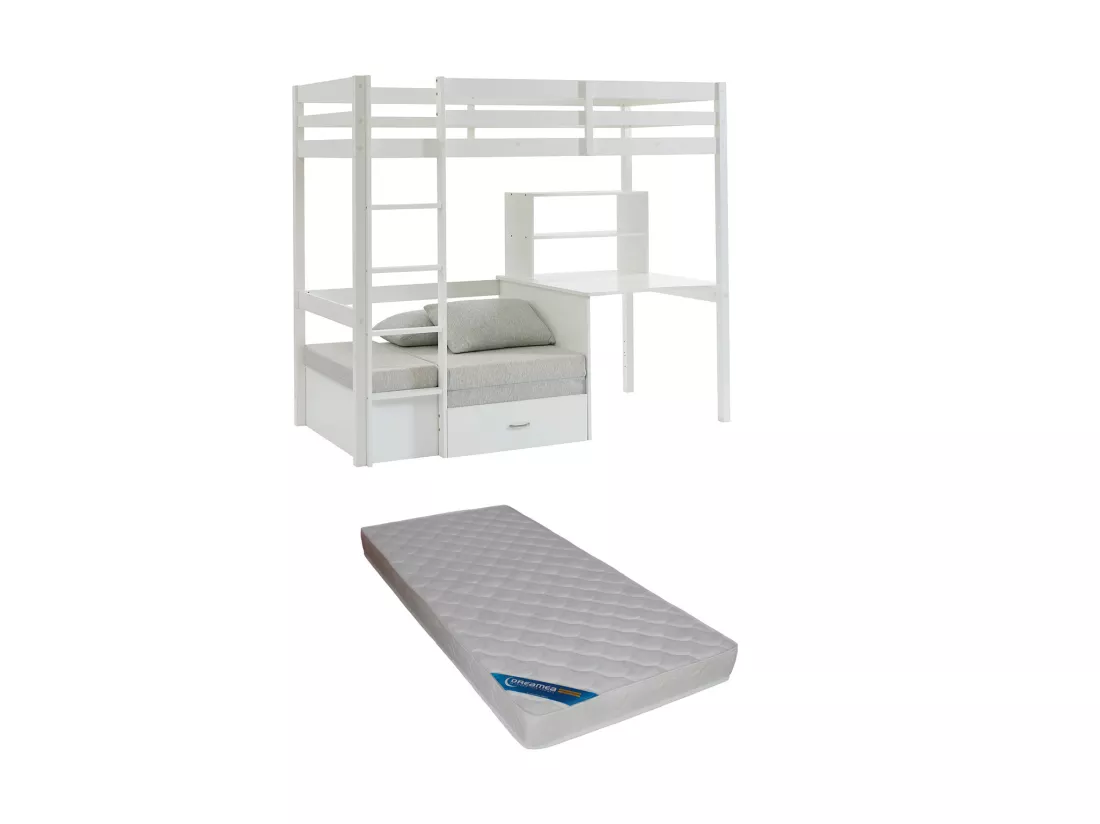 Lit mezzanine 90 x 200 cm avec bureau, sofa convertible et rangements - Pin massif - Blanchi + Matelas - GOLIATH III
