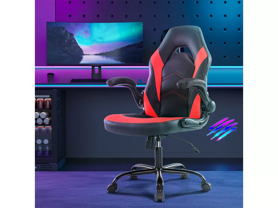 Chaise d'ordinateur,Chaise de bureau pivotante avec support lombaire,Ergonomique,Cuir de PU,Rouge,Noir