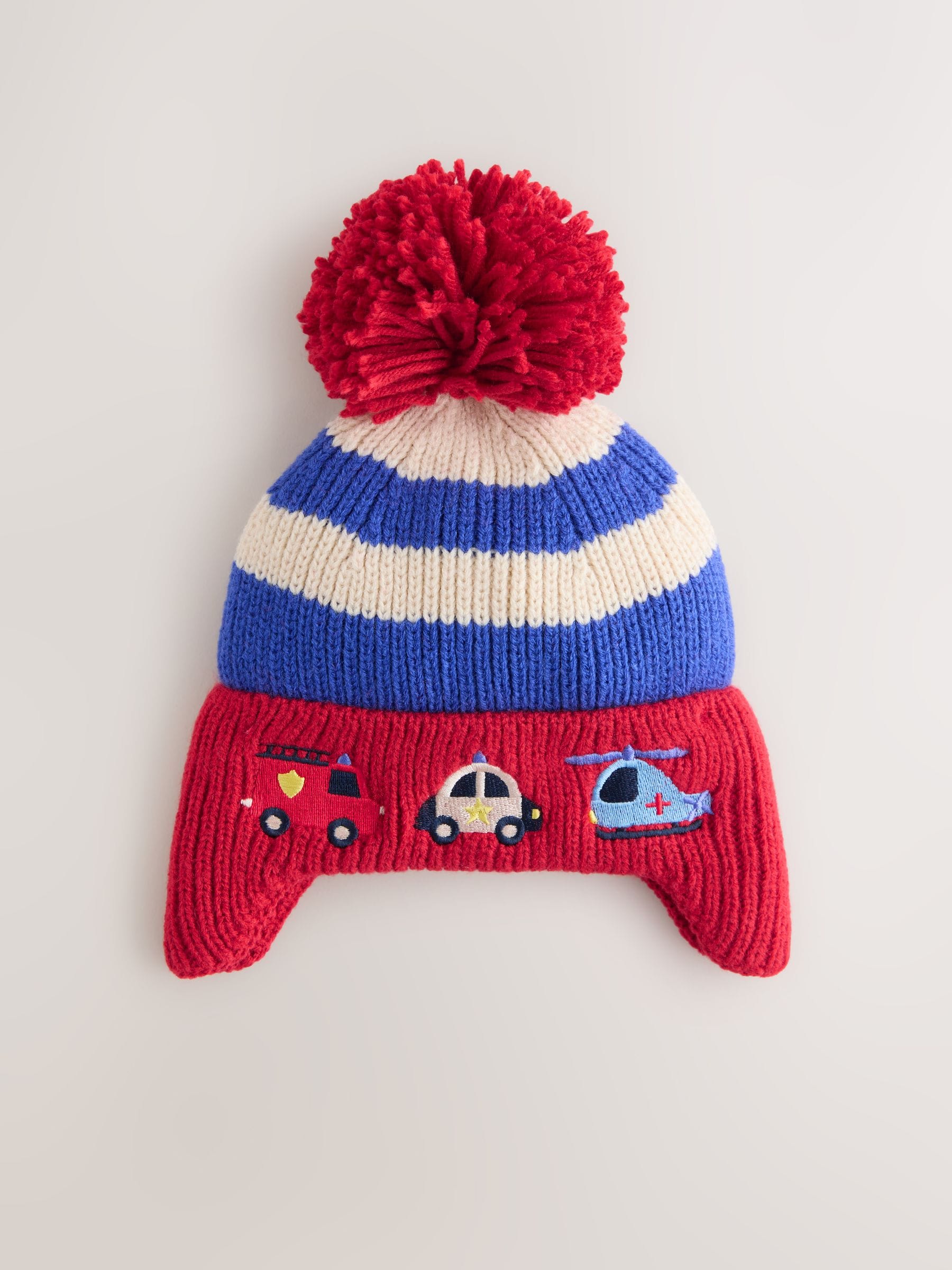 Rood/blauw met hulpvoertuigenprint - Beanie-muts met oorbedekking en pompon (3mnd -10jr)