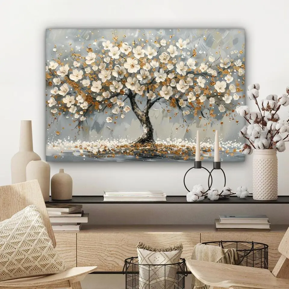 MuchoWow Canvas Schilderij 90x60cm Boom Bloemen Wit Natuur