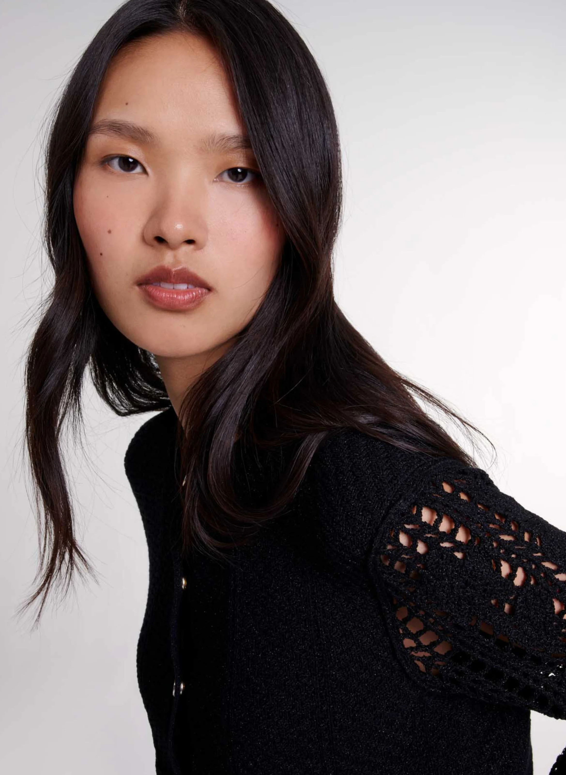 Cardigan droit col rond en crochet | Noir